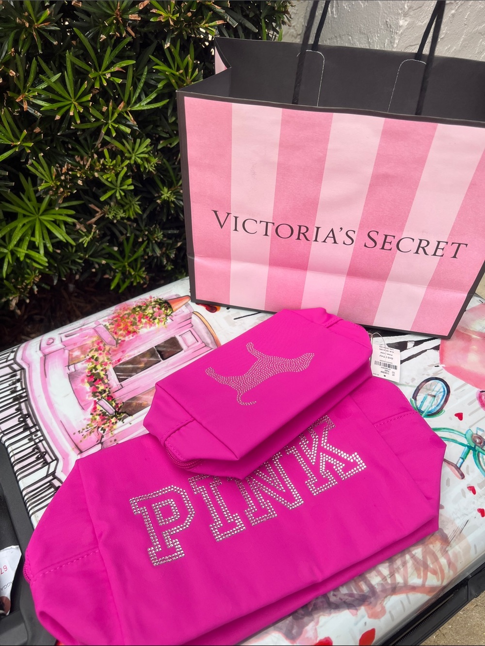 Victoria's Secret PINK Bright Hot Pink Rhinestone Logo Travel Pouch Set